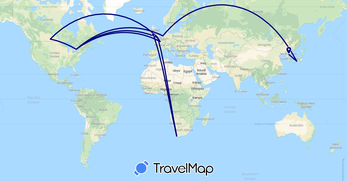 TravelMap itinerary: driving in Canada, France, United Kingdom, Japan, North Korea, Netherlands, South Africa (Africa, Asia, Europe, North America)